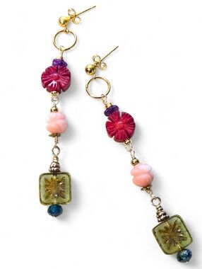 Earrings Long Tropical Carved Coral Flowers Colorful Gold Rio Linear Handmade